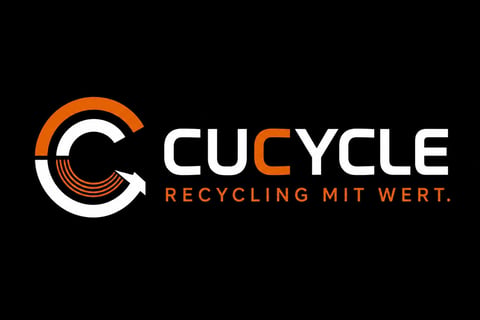 CuCycle recycling logo featuring orange and white circular design with German tagline Recycling Mit Wert on black background
