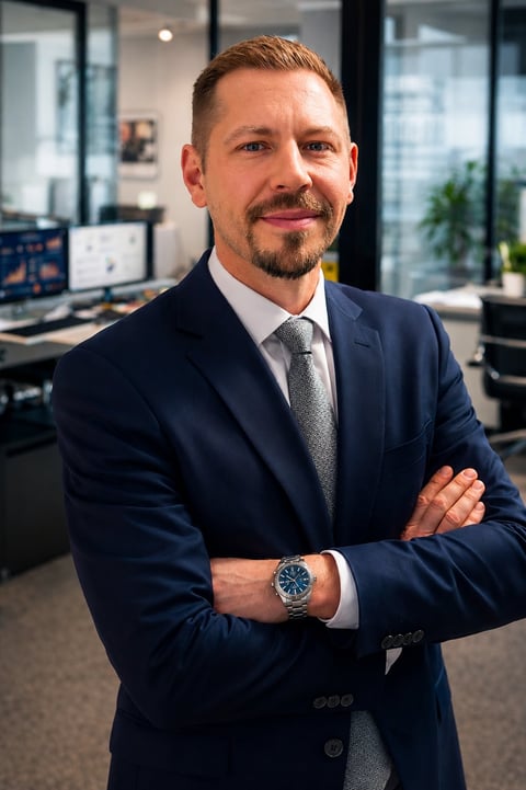 Professional man in navy suit and tie with crossed arms, smiling in modern office environment with computers and plants visible in background.