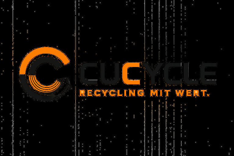 EuroCycle recycling company logo with orange text and circular icon on dark background with digital noise effect
