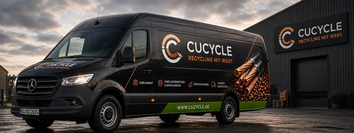 Black Mercedes CUcycle delivery van with logo parked outside warehouse under cloudy sky