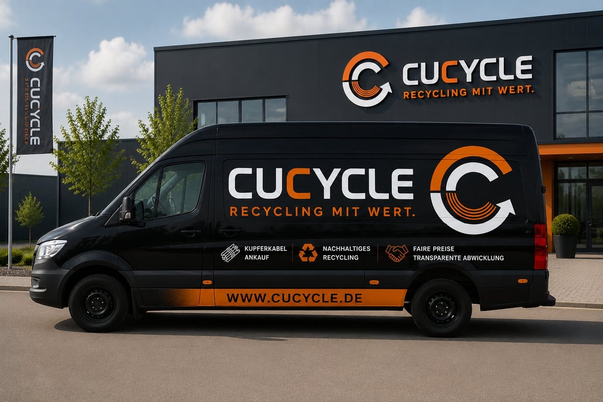 Black and orange CUCYCLE recycling van parked in front of company building with matching signage